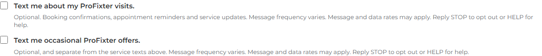 Account settings showing two independent SMS switches, one for service texts and one for marketing texts, both off.