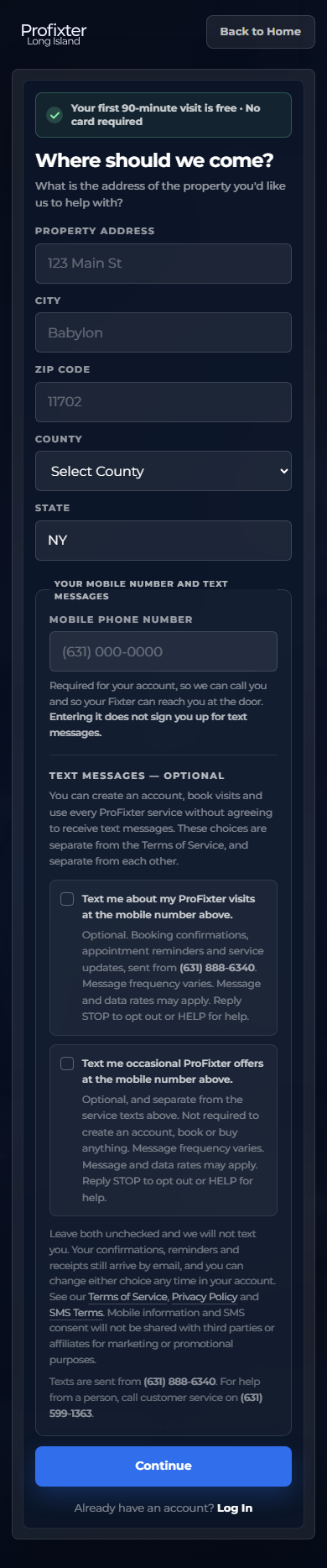 The ProFixter sign-up page on a phone-sized screen, showing the same mobile number field and two unchecked SMS checkboxes in one group.