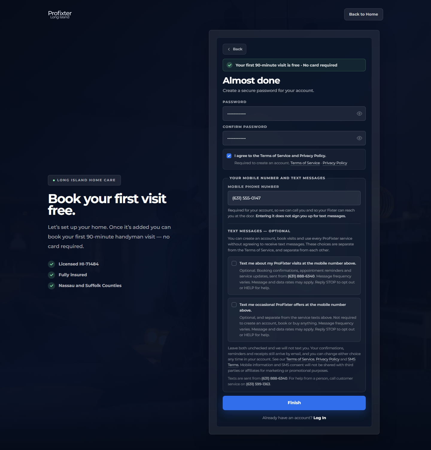 The final sign-up step showing the required Terms checkbox ticked, the mobile number filled in, and both optional SMS checkboxes still unticked.